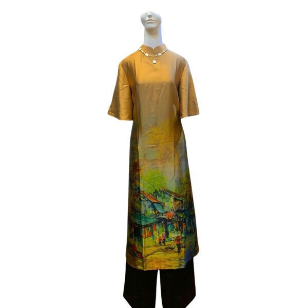 silk half sleeves ao dai for women gold color