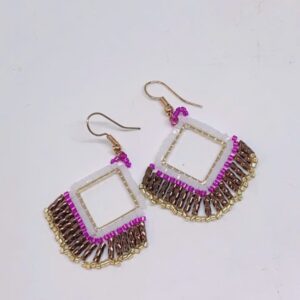 beaded woven earrings golden violet fringe