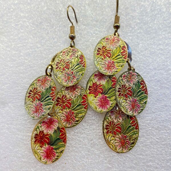 chandelier earrings for women with oval shape and red tropical bloom pattern