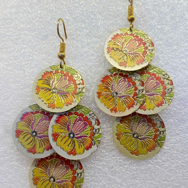 chandelier earrings for women with round shape and yellow hibiscus pattern