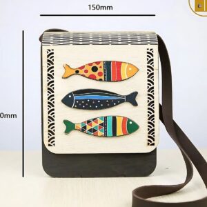 handmade wooden bag with fish motif