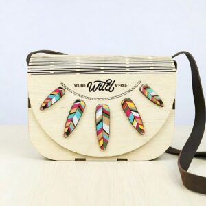 handmade wooden bag with stylized leaf motif