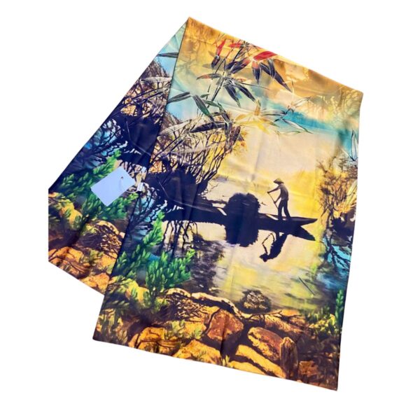 printed silk scarf for women with gold color and fisherman motif