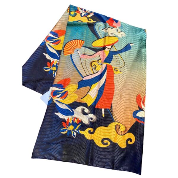 printed silk scarf for women with navy blue color and traditional vietnamese dancer motif
