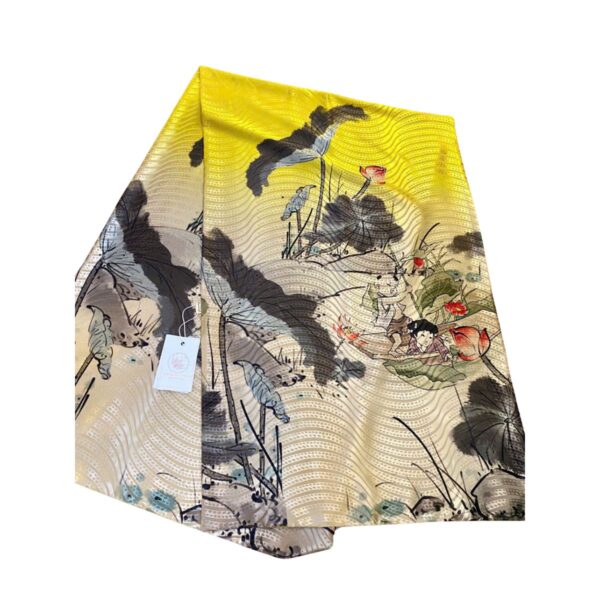 printed silk scarf for women with yellow color and lotus pond motif