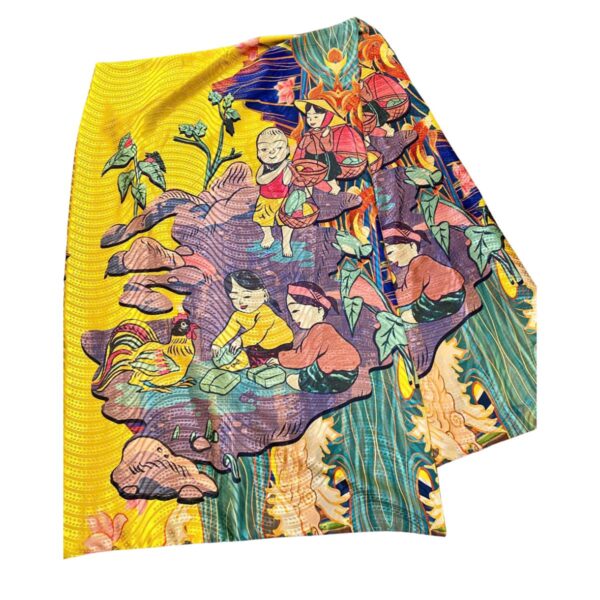 printed silk scarf for women with yellow color and vietnamese village life scene motif