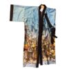 silk kimono tops for ladies with light blue color and old town motif