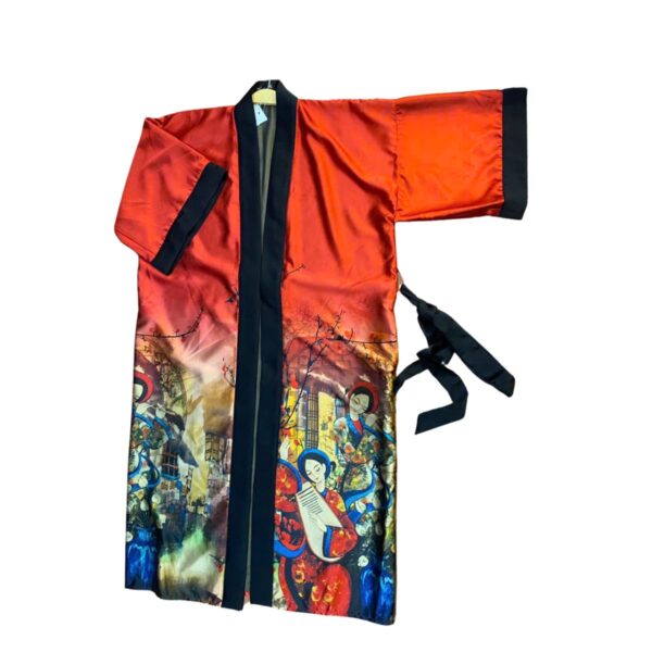 silk kimono tops for ladies with red color and female musician motif