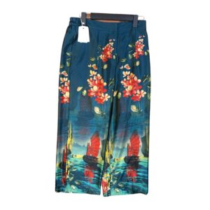 silk printed wide-leg pants for ladies with navy blue color and ha long bay motif