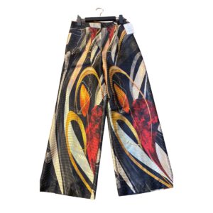 silk printed wide-leg pants for ladies with black color and abstract swirling pattern