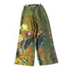 silk printed wide-leg pants for women with olive green color and lotus flowers motif