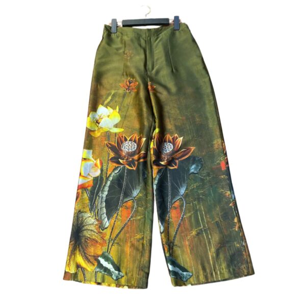 silk printed wide-leg pants for women with olive green color and lotus flowers motif