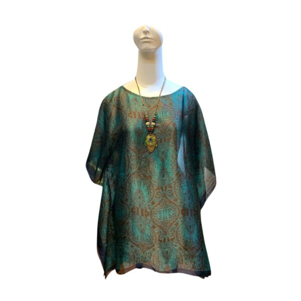 silk tunic top with sheer-teal color