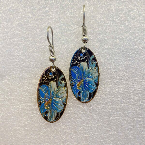 single earrings for women with oval shape and blue flower swirl pattern
