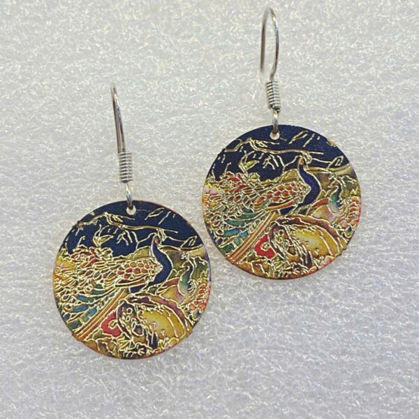 single earrings for women with round shape and golden peacock garden pattern