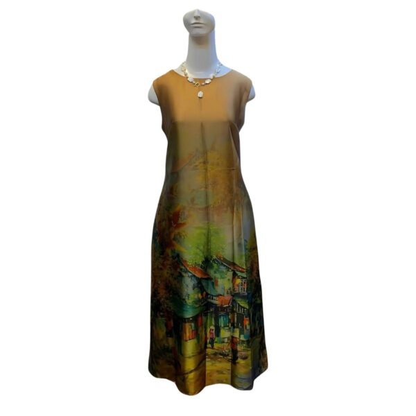 sleeveless silk dress for women with dark gold color