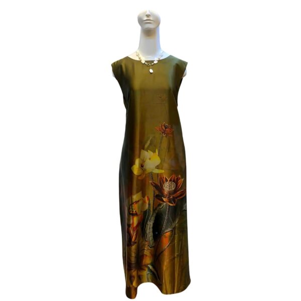 sleeveless silk dress for women with olive green color