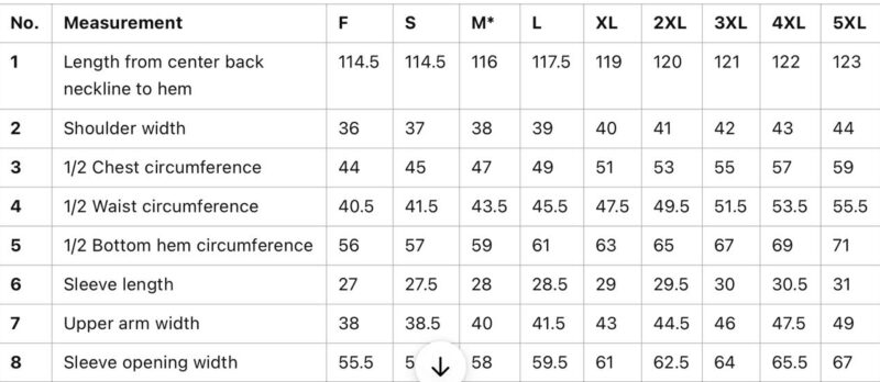 size chart of modern ao dai